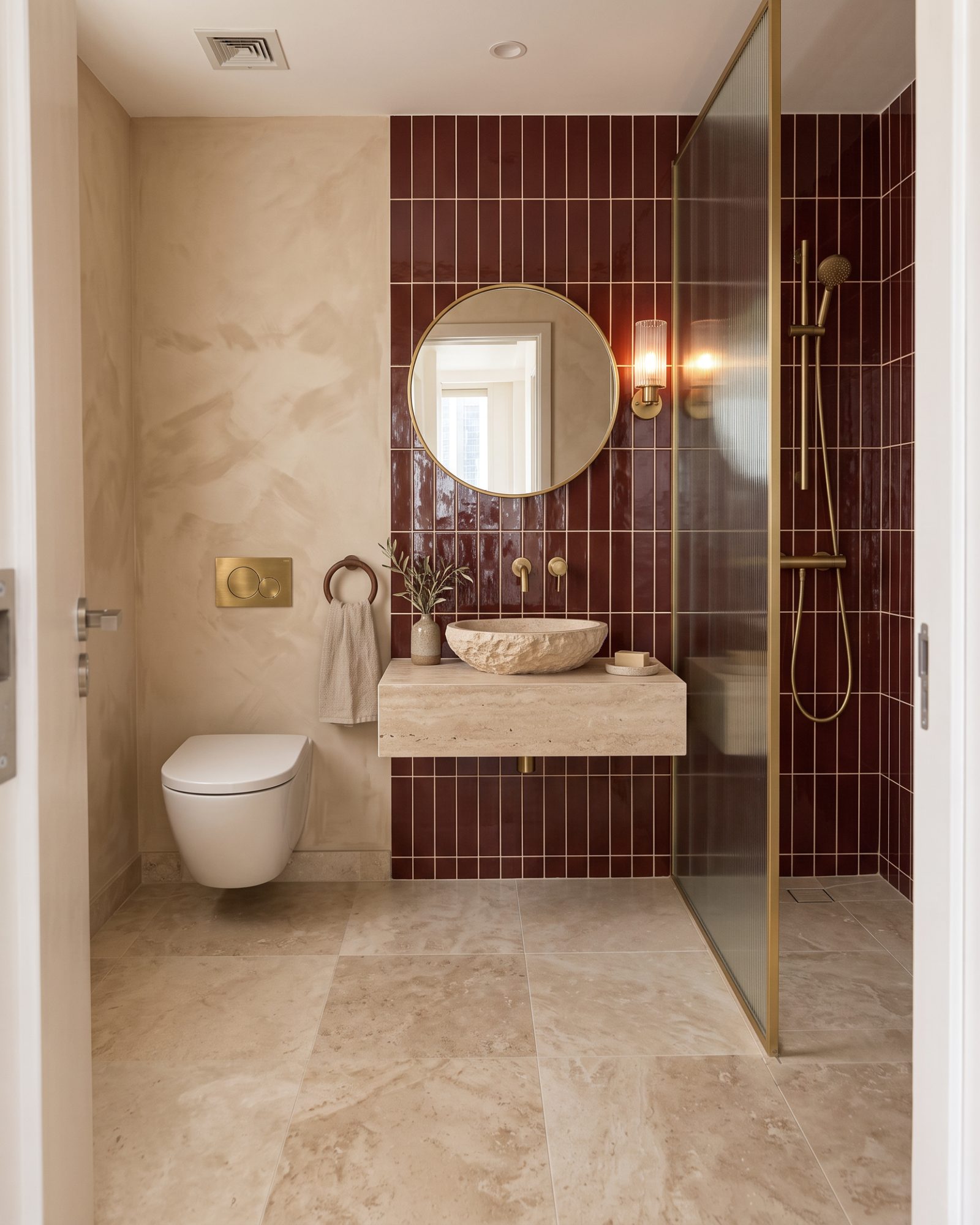 Visualisation: the same bathroom as proposed, with burgundy glazed tiles, brass fittings and a travertine vanity and floor