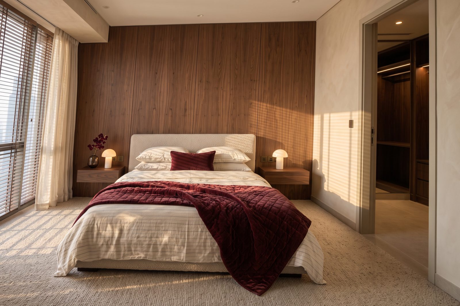 Visualisation: the same bedroom as proposed, with a walnut wall, burgundy velvet bedding, alabaster lamps and linen curtains