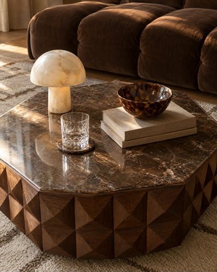 Visualisation: a marble-topped walnut coffee table with an alabaster lamp and a tortoiseshell bowl