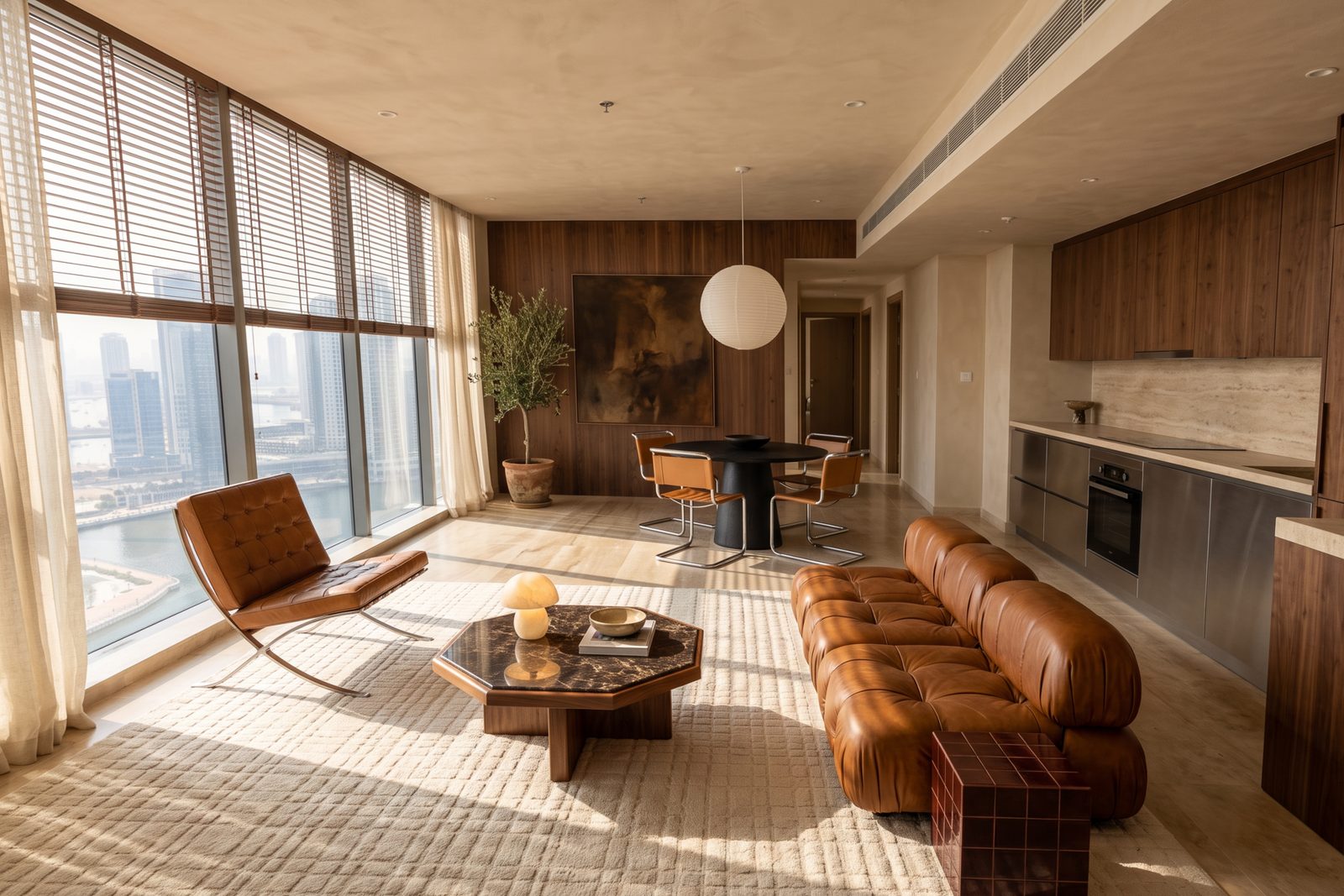Visualisation: the proposed living room of a two-bedroom apartment in Business Bay, with walnut joinery, a cognac leather sofa and city views through wooden blinds