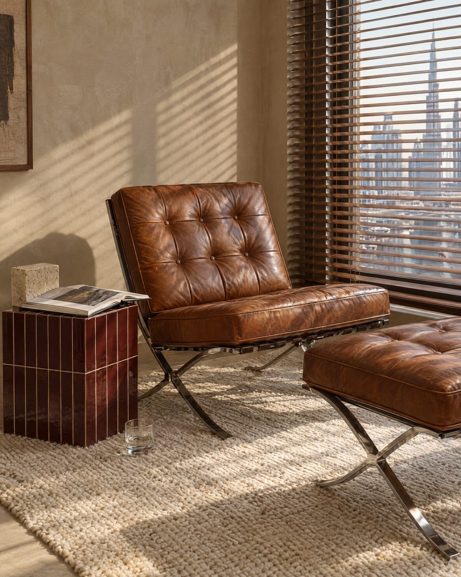 Visualisation: a reading corner with a cognac leather lounge chair and footstool by wooden blinds