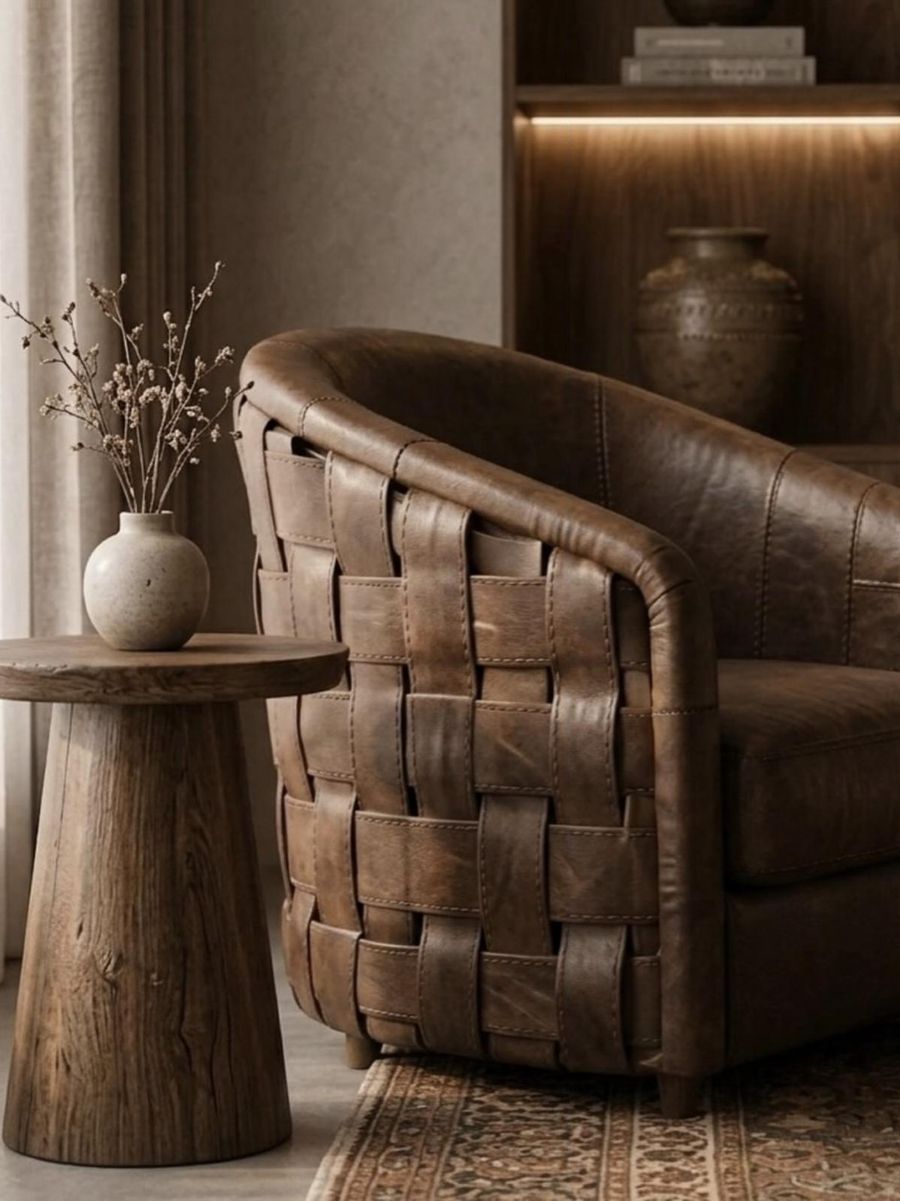Woven leather armchair beside a solid wood side table