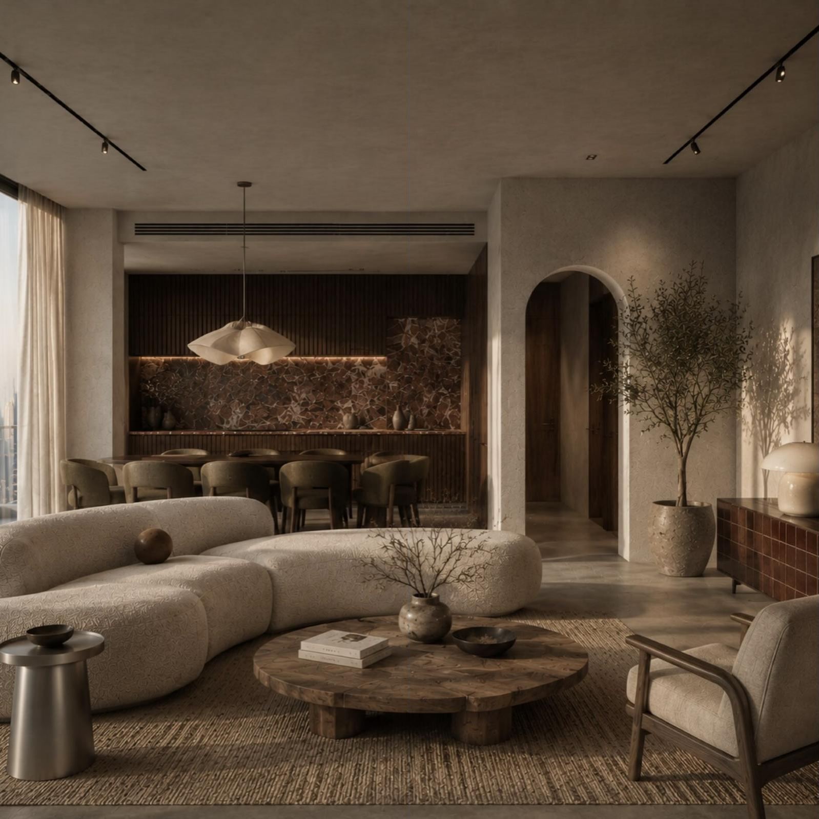 The finished living area of a Downtown Dubai apartment by The Eye: a curved sofa, limewash walls and an arched doorway