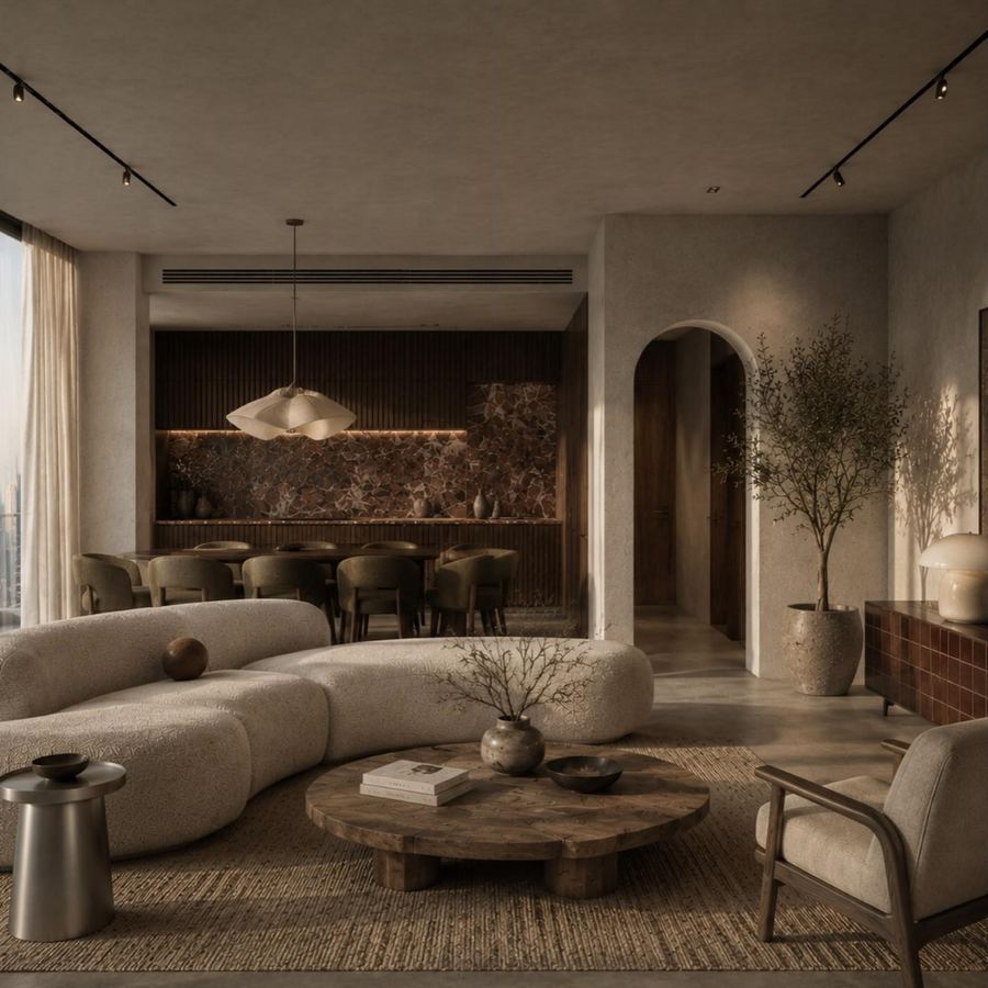 The finished living area: a curved sofa, limewash walls and an arched doorway