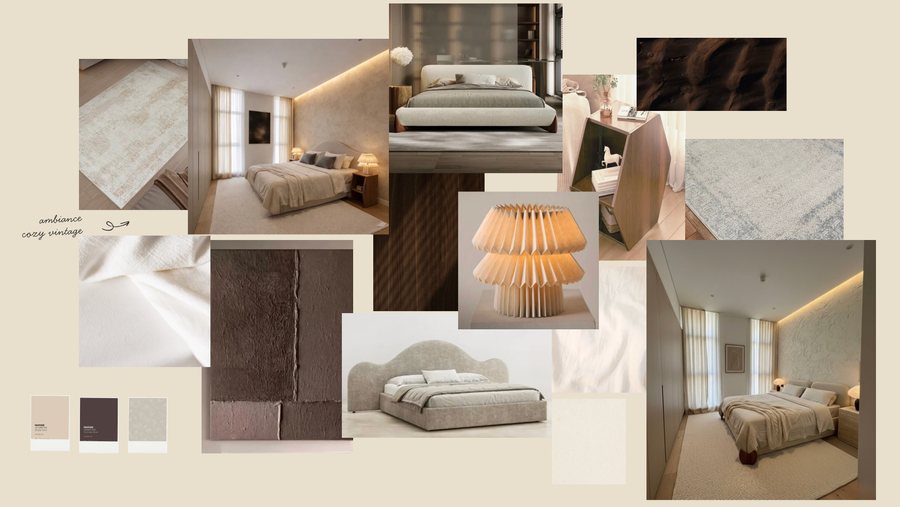 Moodboard for the bedroom: soft rugs, a curved headboard, pleated lamps and warm neutral fabrics