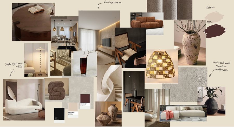 Moodboard for the living and dining area: woven pendants, cane chairs, a textured wall, clay vases and a curved sofa