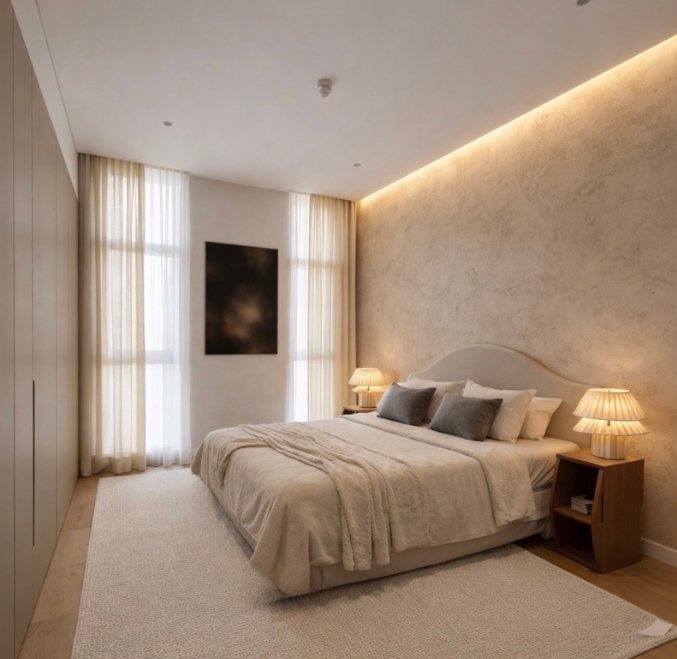 Bedroom option A: a curved headboard, pleated lamps and a soft plaster wall