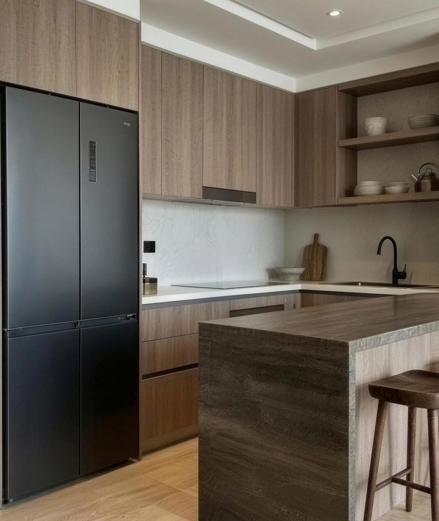 The kitchen after: wood fronts, open shelves, a black fridge and a stone-look island with wooden stools