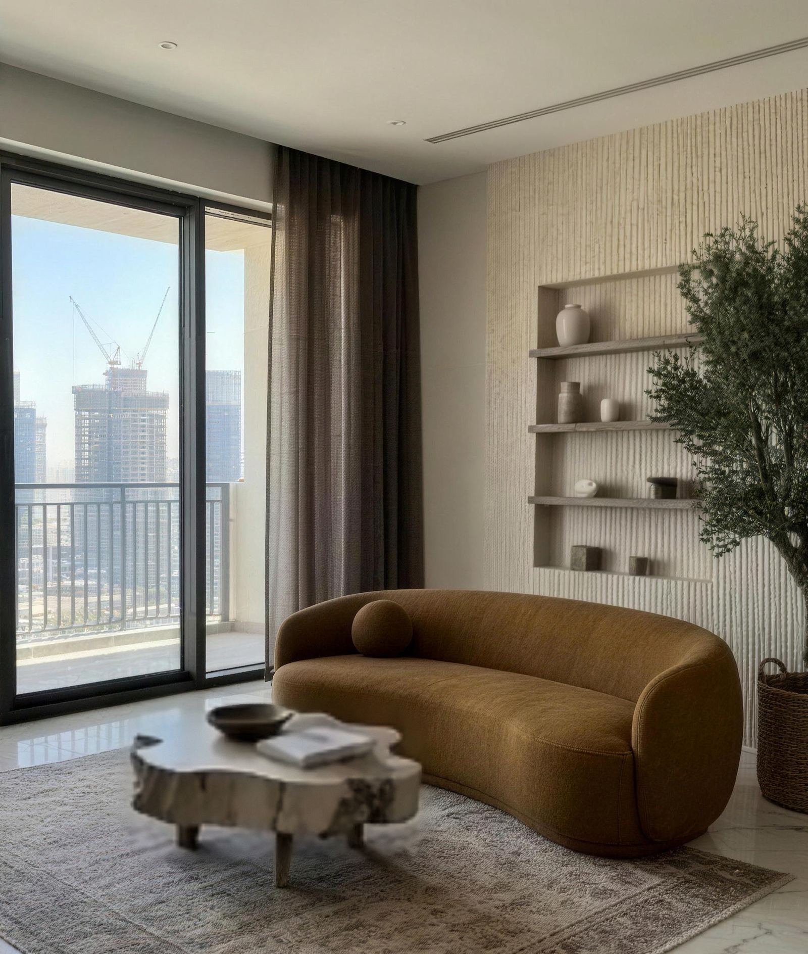 The living room of the Meydan apartment: limewash walls, a built-in niche with shelves, a curved sofa and an olive tree by the balcony