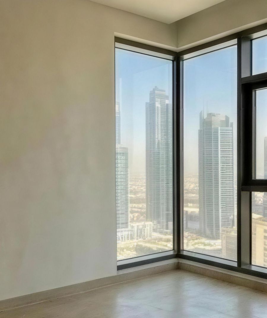 The bedroom at handover: empty, with corner windows onto the towers