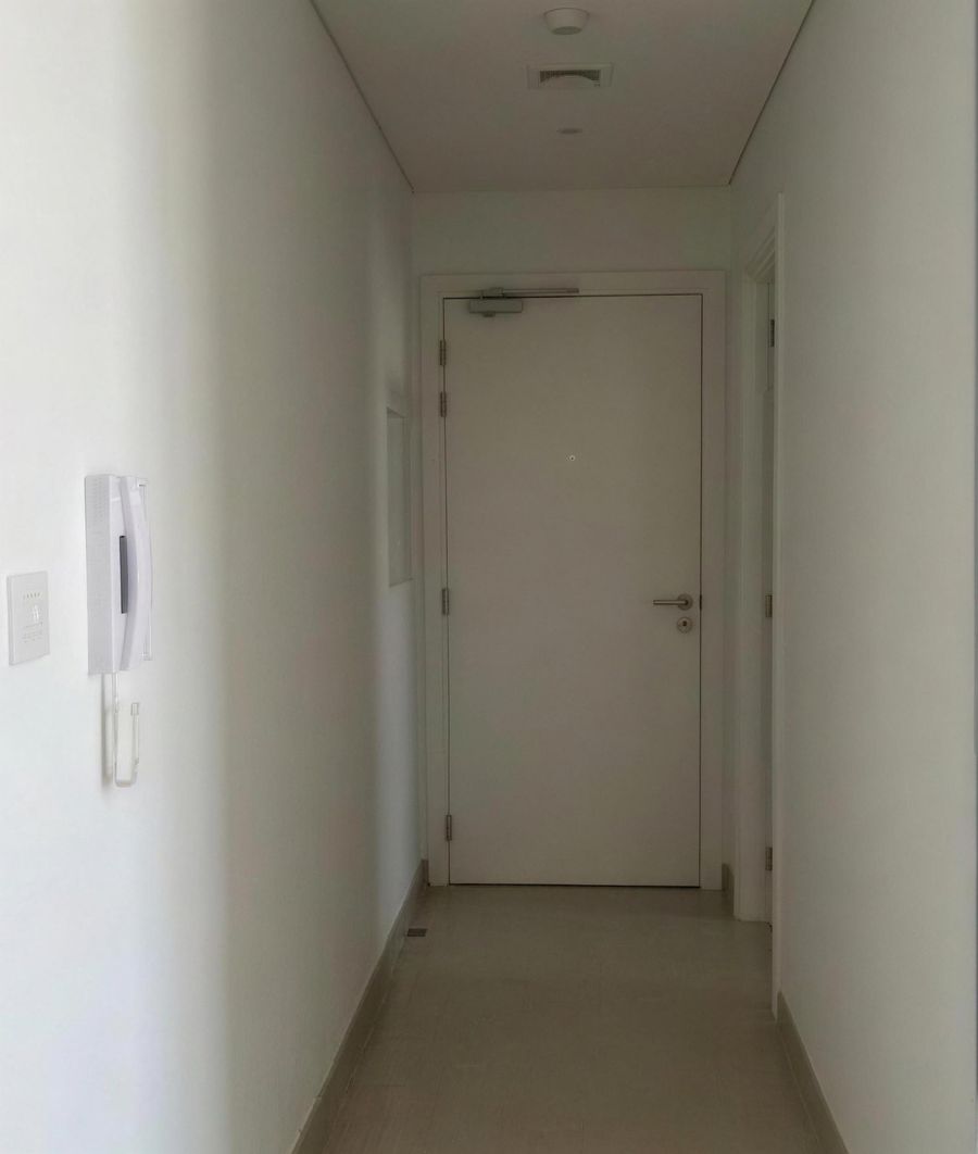 The hallway at handover: white walls, an intercom and a white front door
