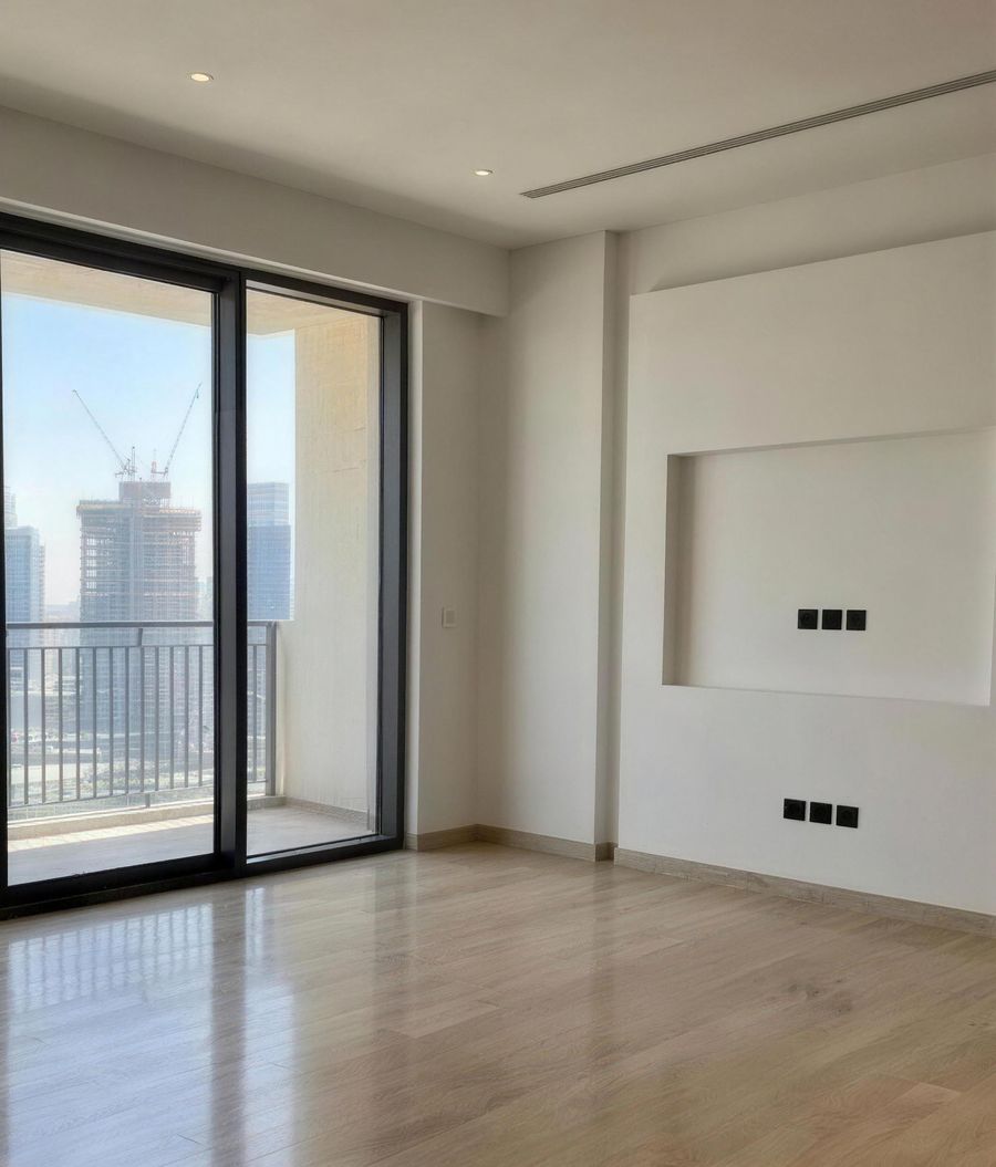 The living room at handover: white walls, a bare floor and sliding doors to the balcony
