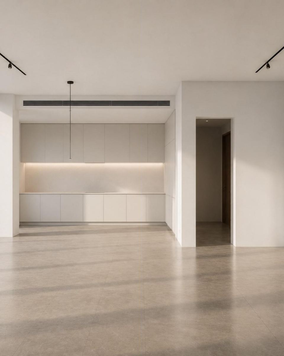 The living area at handover, empty