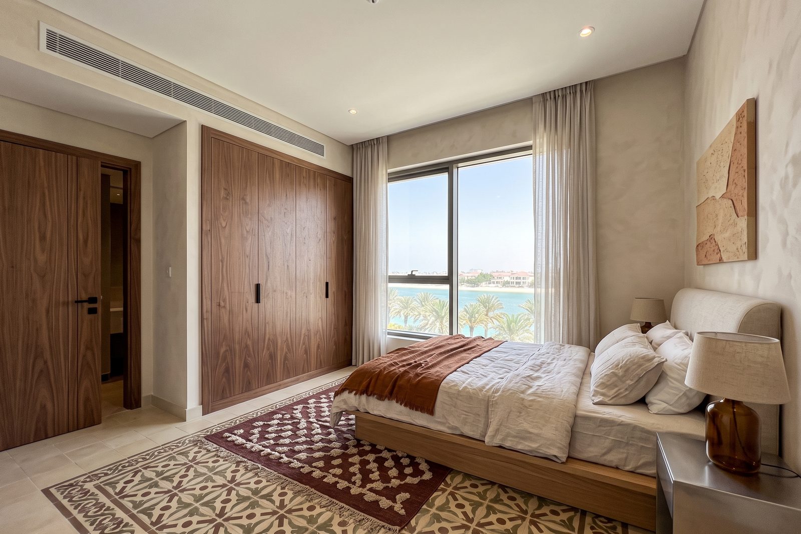 Visualisation: the same bedroom as proposed, with the bed facing the walnut wardrobe, steel bedside tables, amber glass lamps, a burgundy rug and linen curtains