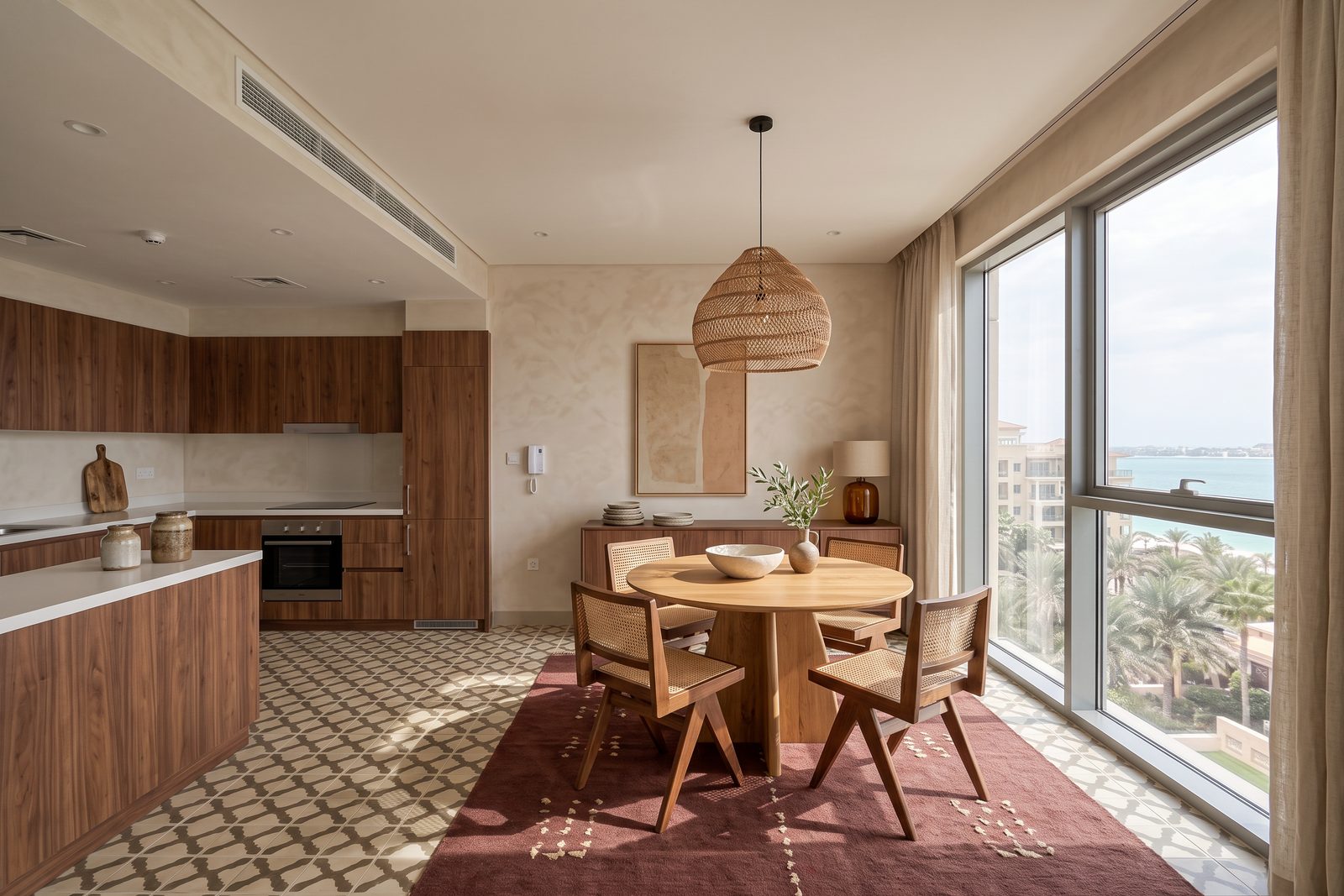 Visualisation: the same dining area as proposed, with walnut kitchen fronts, a round oak table, cane chairs, a burgundy rug on patterned cement tiles and a rattan pendant