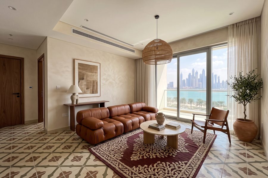 Visualisation: a proposed living room for a typical Palm Jumeirah apartment, with limewash walls, patterned cement tiles, a burgundy rug and a modular sofa in cognac leather